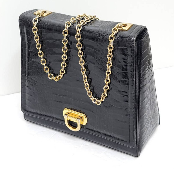 Frenchy Of California Handbags - Frenchy of California Black Croc-embossed Leather purse w/ gold chain & hardware